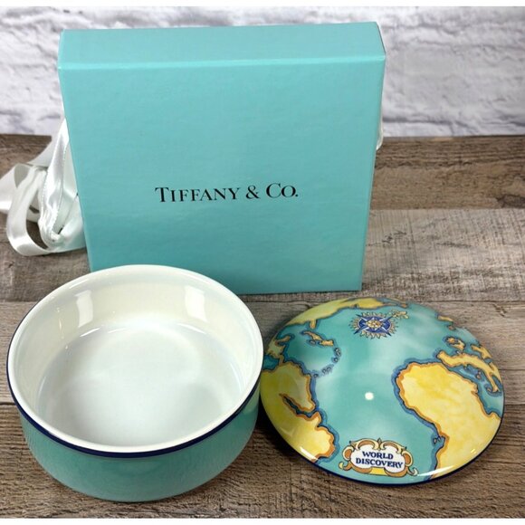 VTG Tiffany & Co France World Discovery Map Ceramic Trinket Box Dish Lid GIFT - Picture 4 of 16